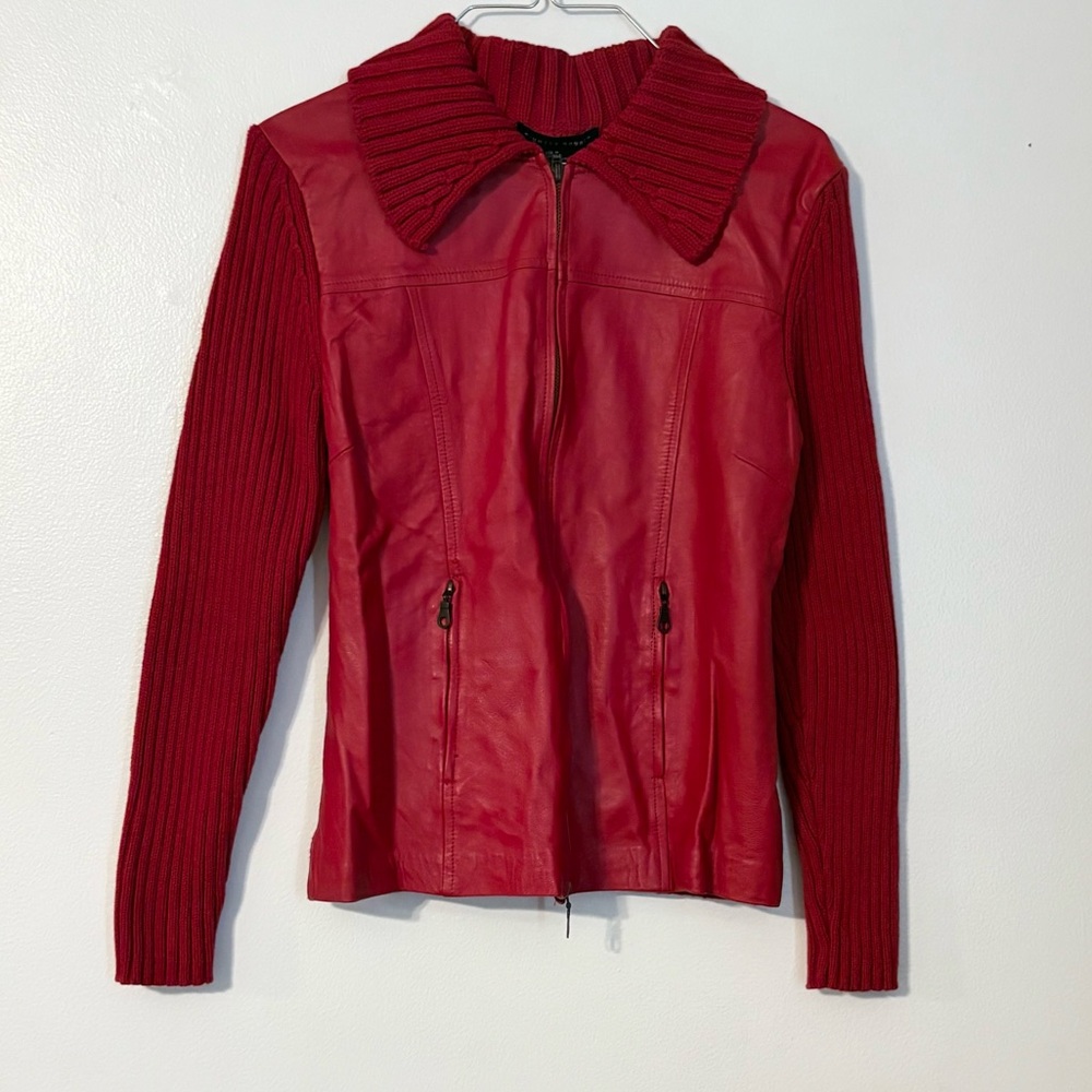 Vintage Maurice Sasson Red Leather Zip Sweater Jacket Women's Size Medium
